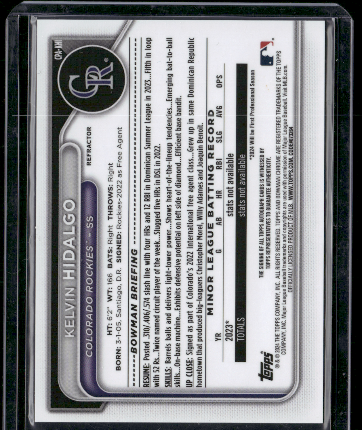 2024 Chrome KELVIN HIDALGO #CPA-KHI Rainbow 1st Bowman Auto 83/499 (NM)