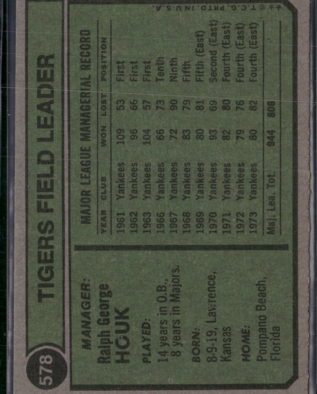 1974 Topps RALPH HOUK #578 Rough Edge Cut (EX)