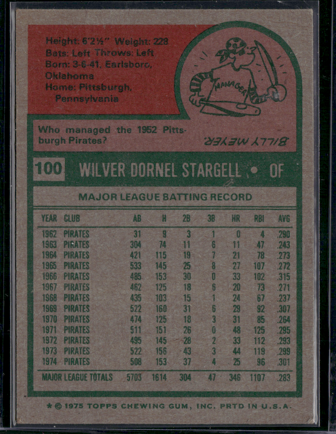 1975 Topps WILLIE STARGELL #100 (VG - Surface Dents)