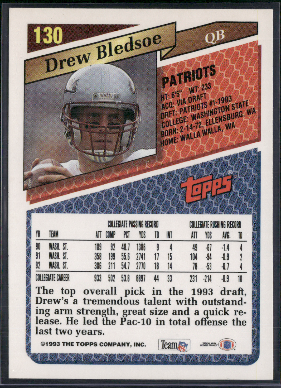 1993 Topps DREW BLEDSOE #130 Rookie RC (NM)
