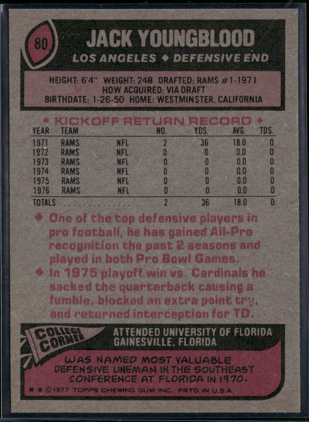 1977 Topps JACK YOUNGBLOOD #80 (EX)