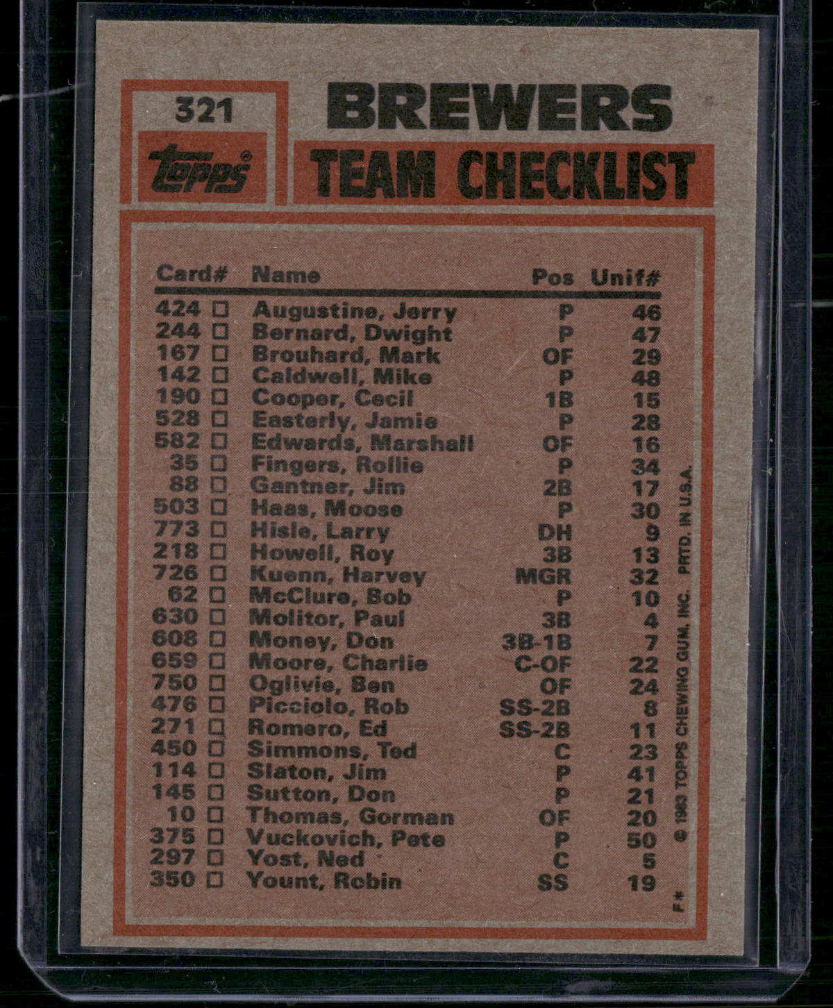 1983 Topps ROBIN YOUNT/PETE VUCKOVICH #321 Brewers Team ChecklistVintageBend(NM)
