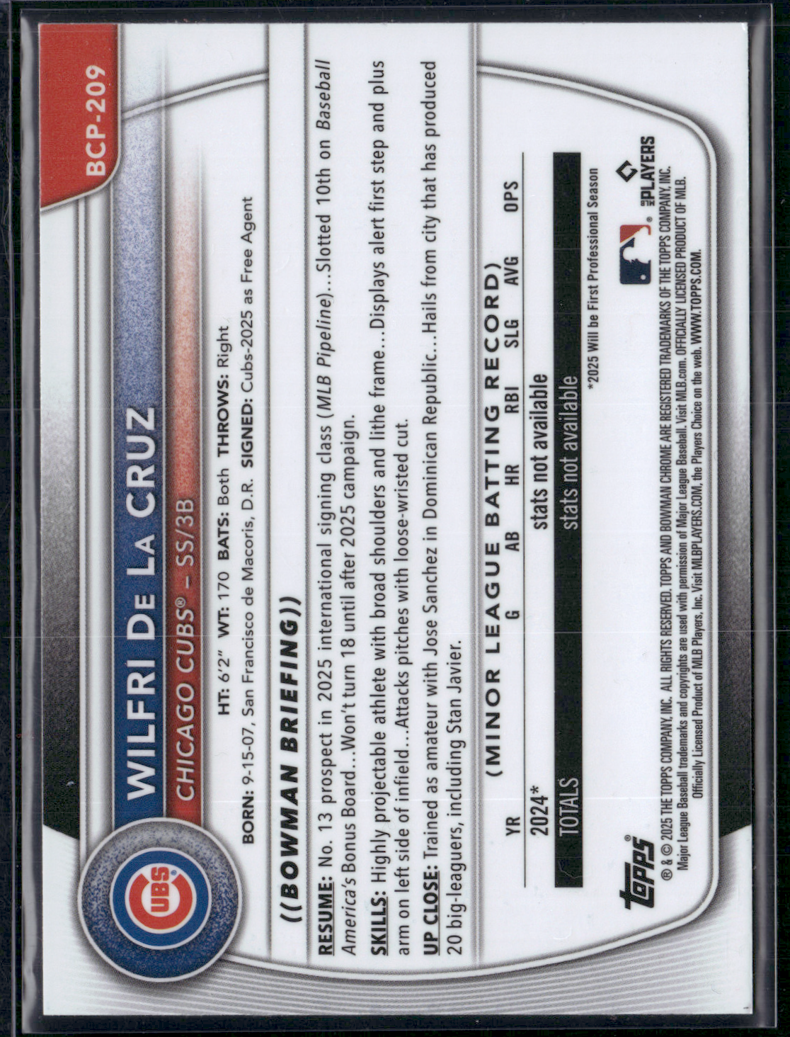 2025 Bowman Chrome WILFRI DE LA CRUZ #BCP-209 Mega 1st Bowman