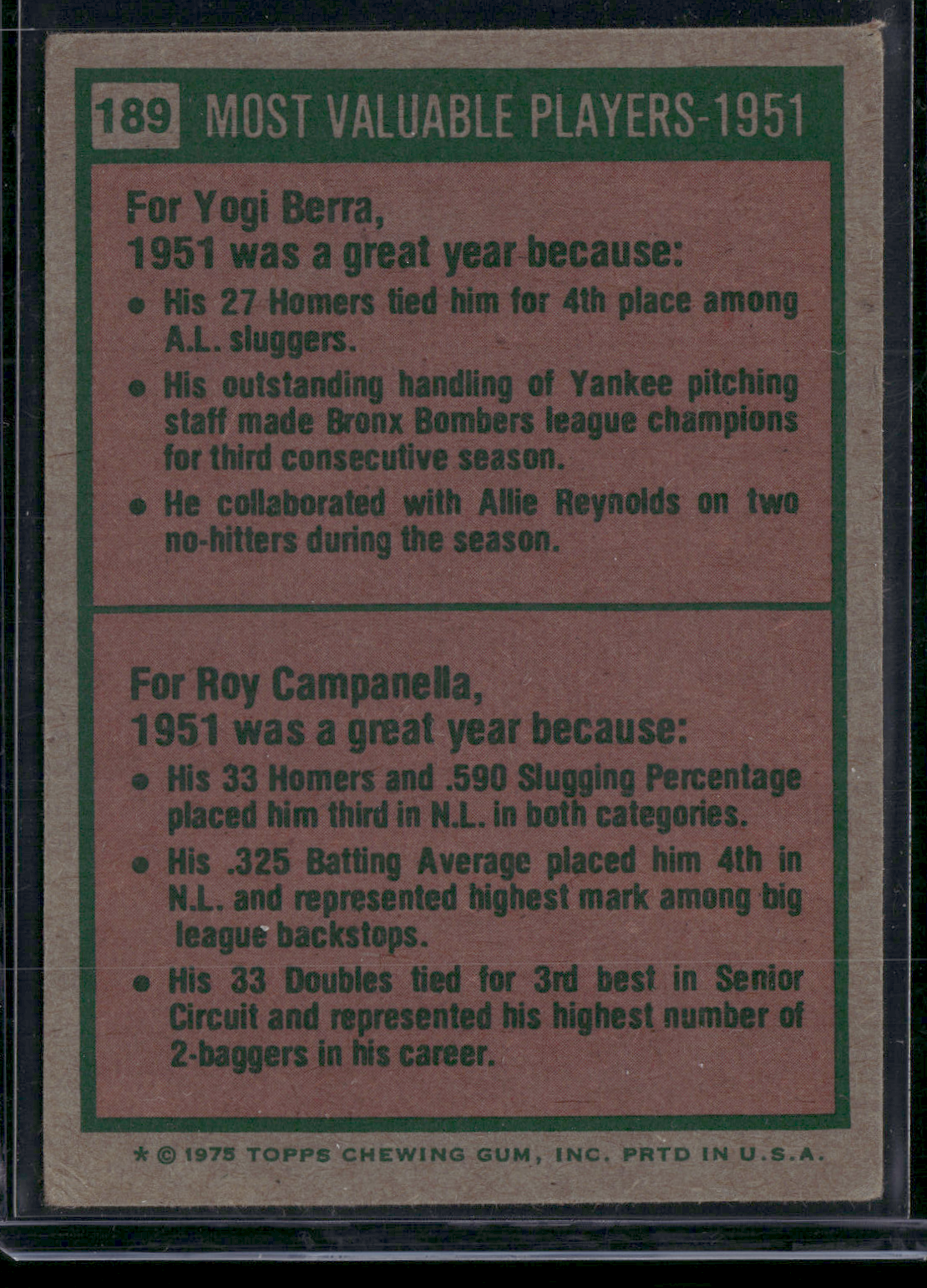 1975 Topps YOGI BERRA/ROY CAMPANELLA #189 1951 MVP'S Wax Stain (VG)