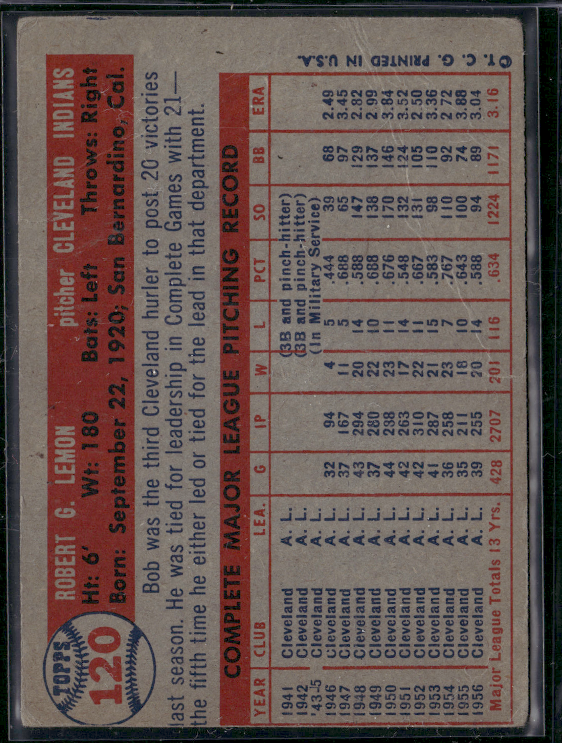 1957 Topps BOB LEMON #120 Wrinkles (Good)