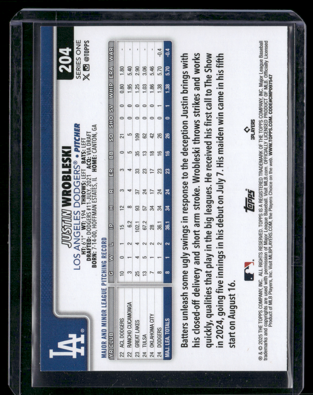 2025 Topps Series 1 JUSTIN WROBLESKI #204 Glitter Refractor RC