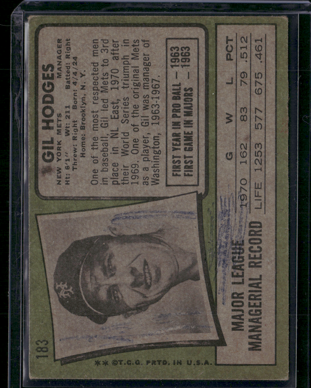 1971 Topps GIL HODGES #183 (Fair - Ink on back)
