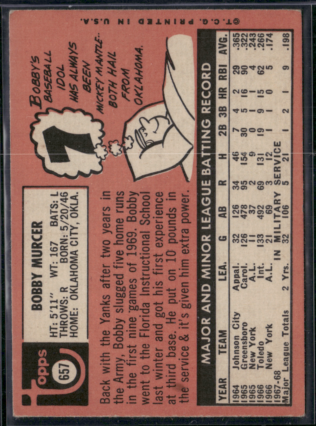 1969 Topps BOBBY MURCER #657 Light Wrinkle (VG-VG/EX)