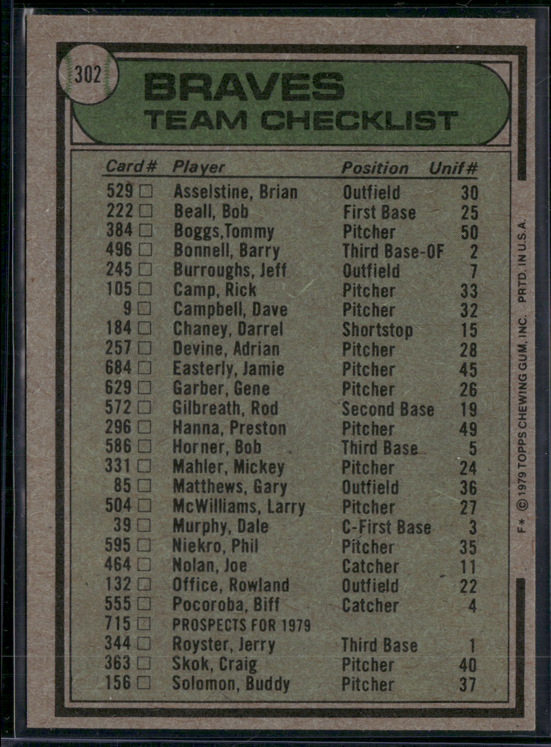 1979 Topps ATLANTA BRAVES #302 (EX/MT)