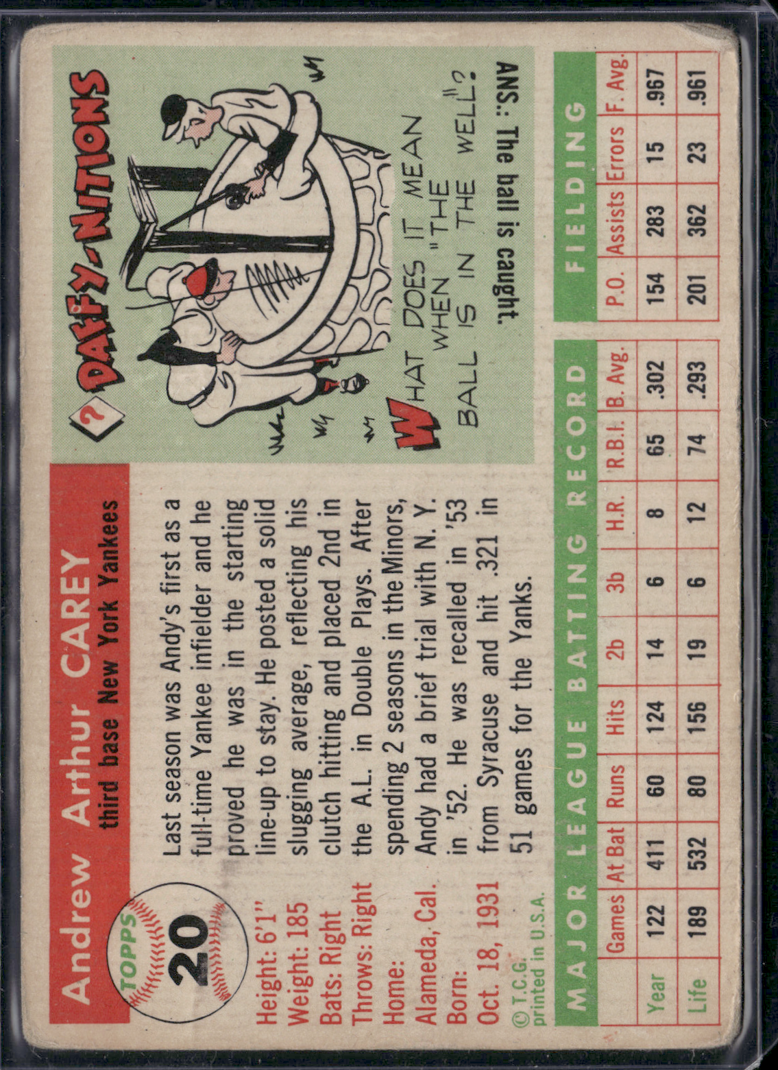 1954 Topps ANDY CAREY #20 Light Wrinkles (Good)