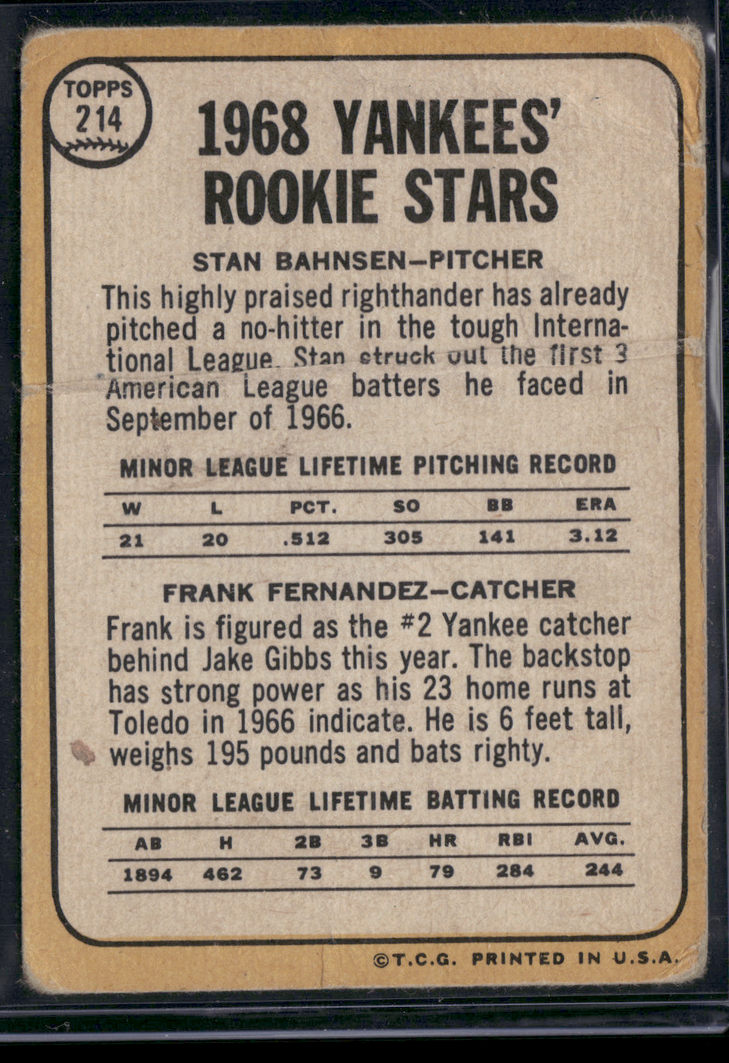 1968 Topps STAN BAHNSEN/FRANK FERNANDEZ #214 1968 Yankees Rookie Stars (Poor)