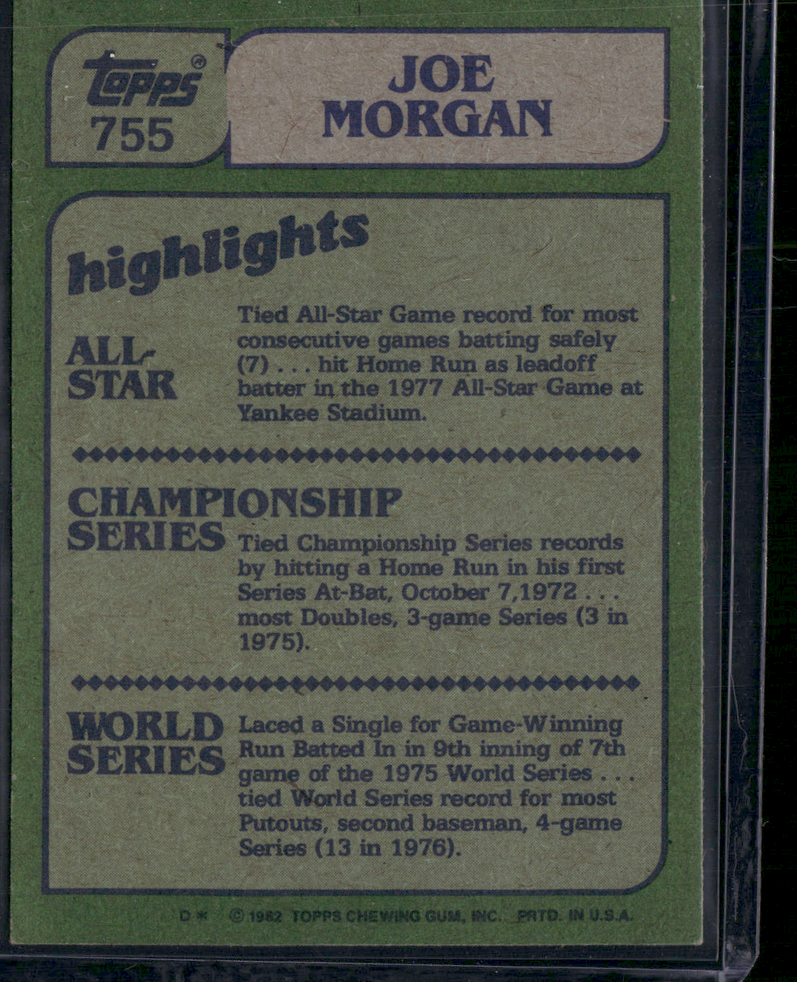 1982 Topps JOE MORGAN #755 In Action (EX)