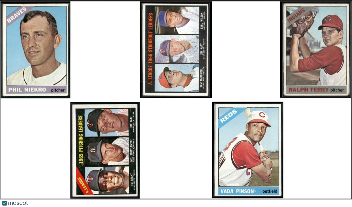 1966 Topps 5~CARDLOT Phil Niekro/65 AL Strikeout Leaders/Terry//Pinson (Good-VG)