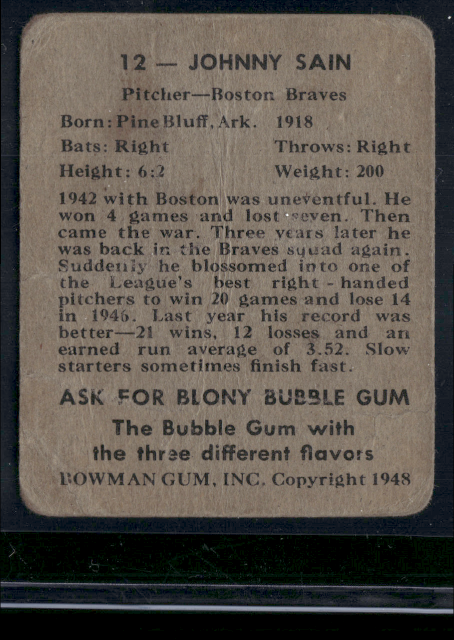 1948 Bowman JOHNNY SAIN #12 Wrinkles (Good)