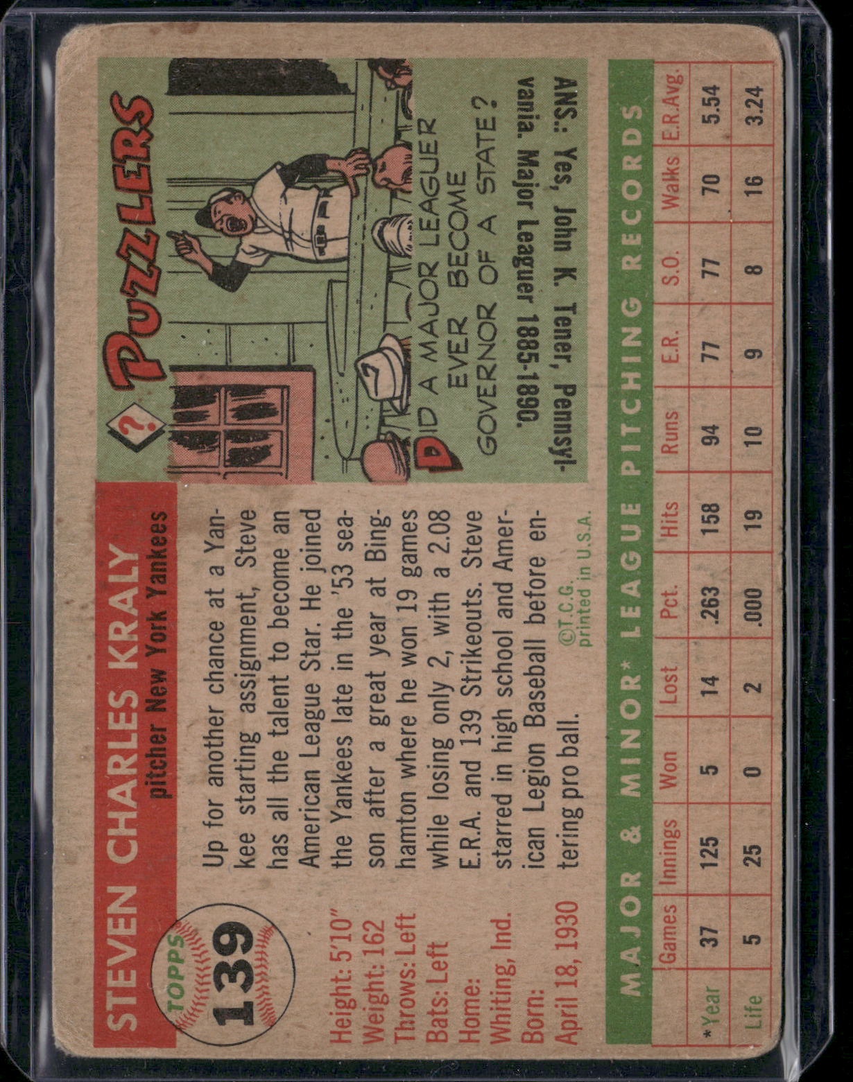 1954 Topps STEVE KRALY #139 (Good)