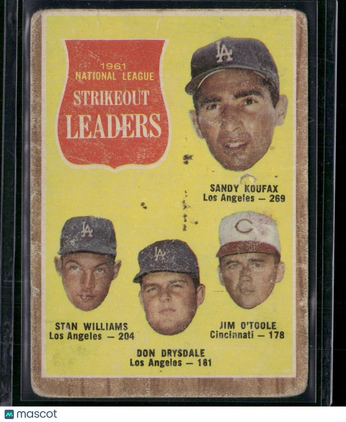 1962 Topps KOUFAX/DRYSDALE/O'TOOLE/WILLIAMS #60 1961 NL Strikeout Leaders(Good)