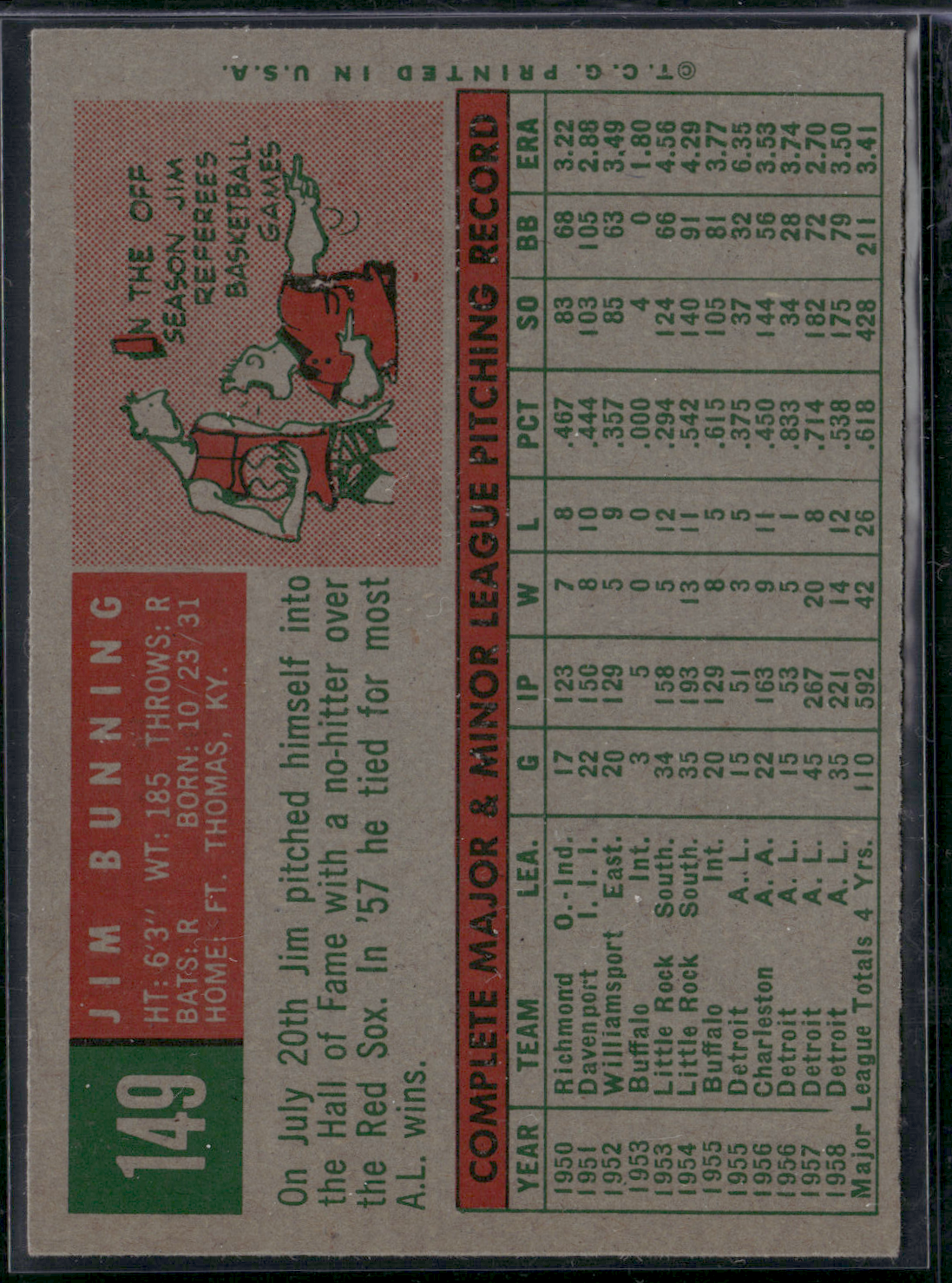 1959 Topps JIM BUNNING #149 Staining on Front (VG)