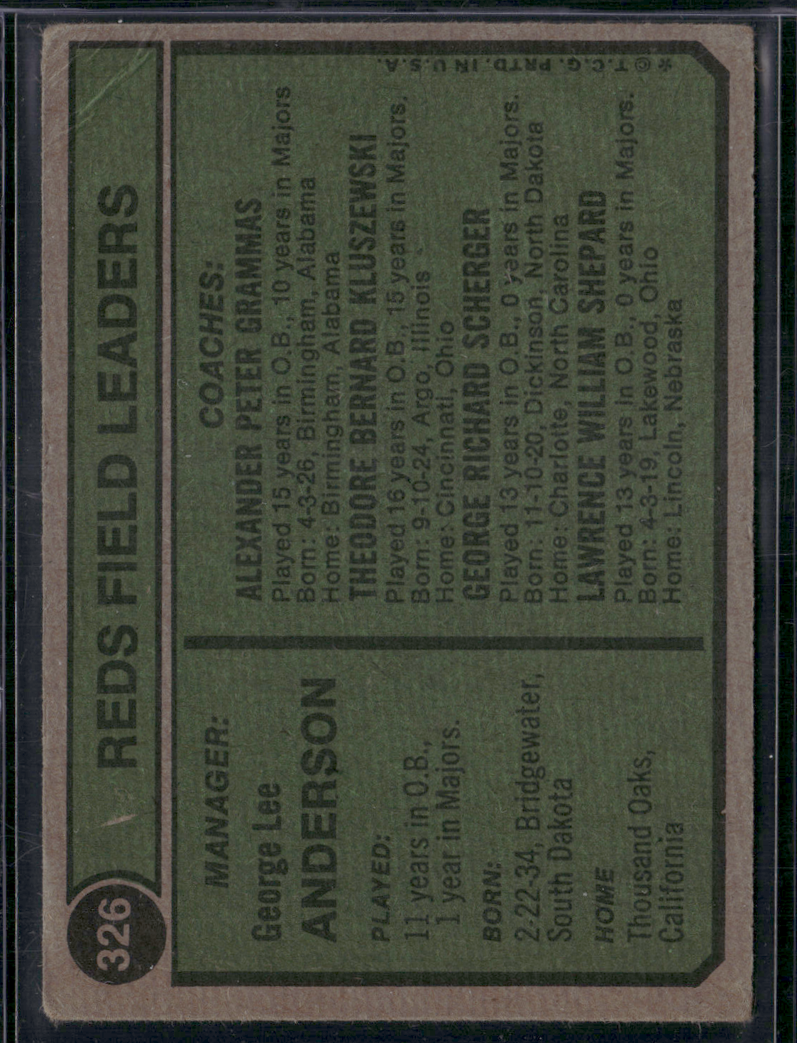 1974 Topps SPARKY ANDERSON #326 Wrinkle (Good-VG)