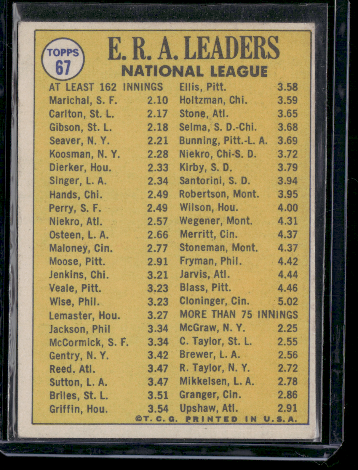 1970 Topps JUAN MARICHAL/STEVE CARLTON/BOB GIBSON #67 NL ERA Leaders