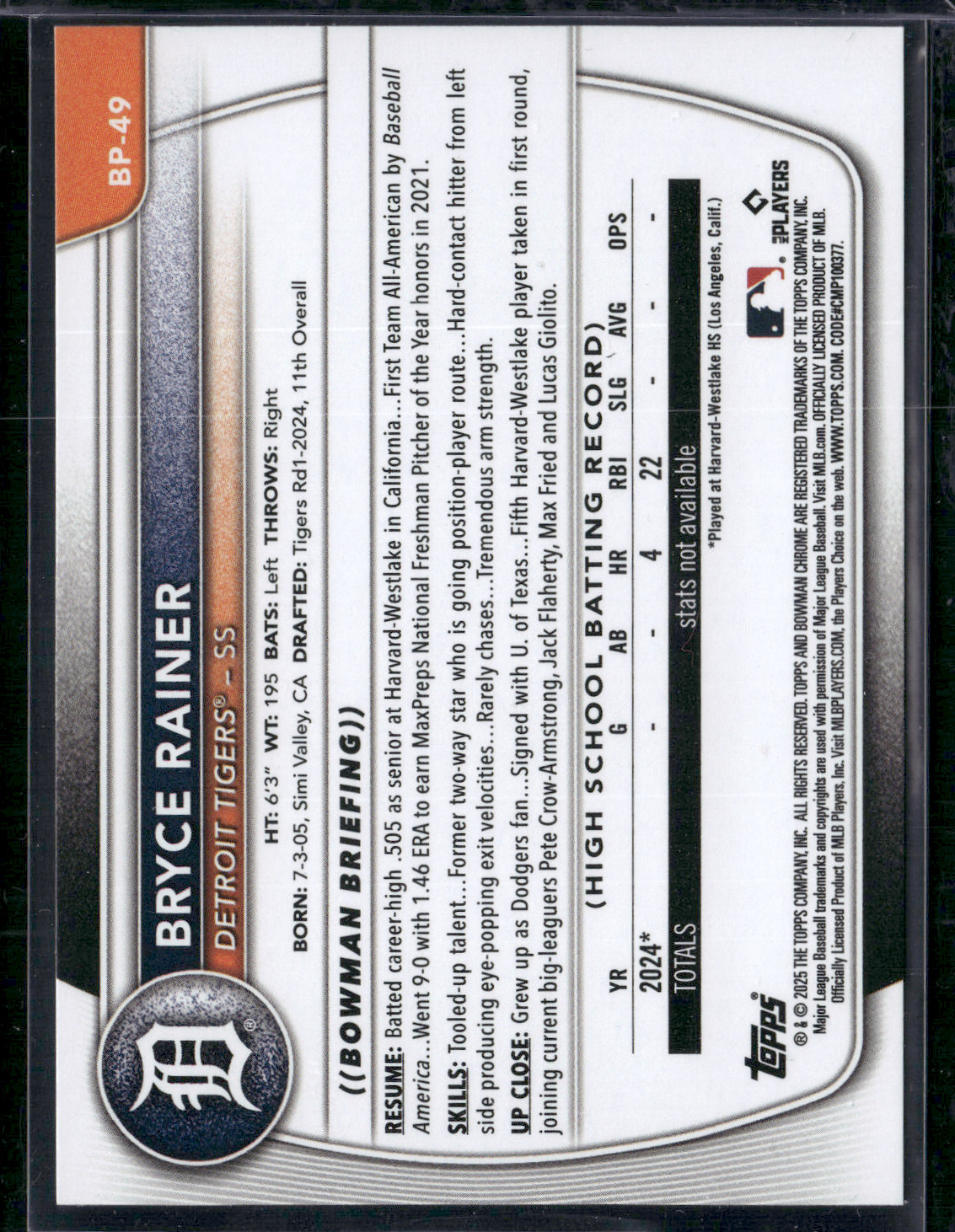 2025 Bowman BRYCE RAINER #BP-49