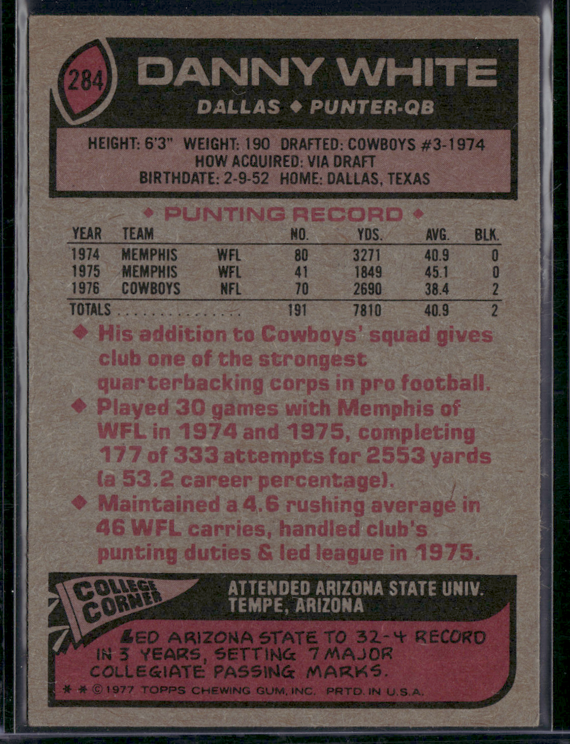 1977 Topps DANNY WHITE #284 (EX)