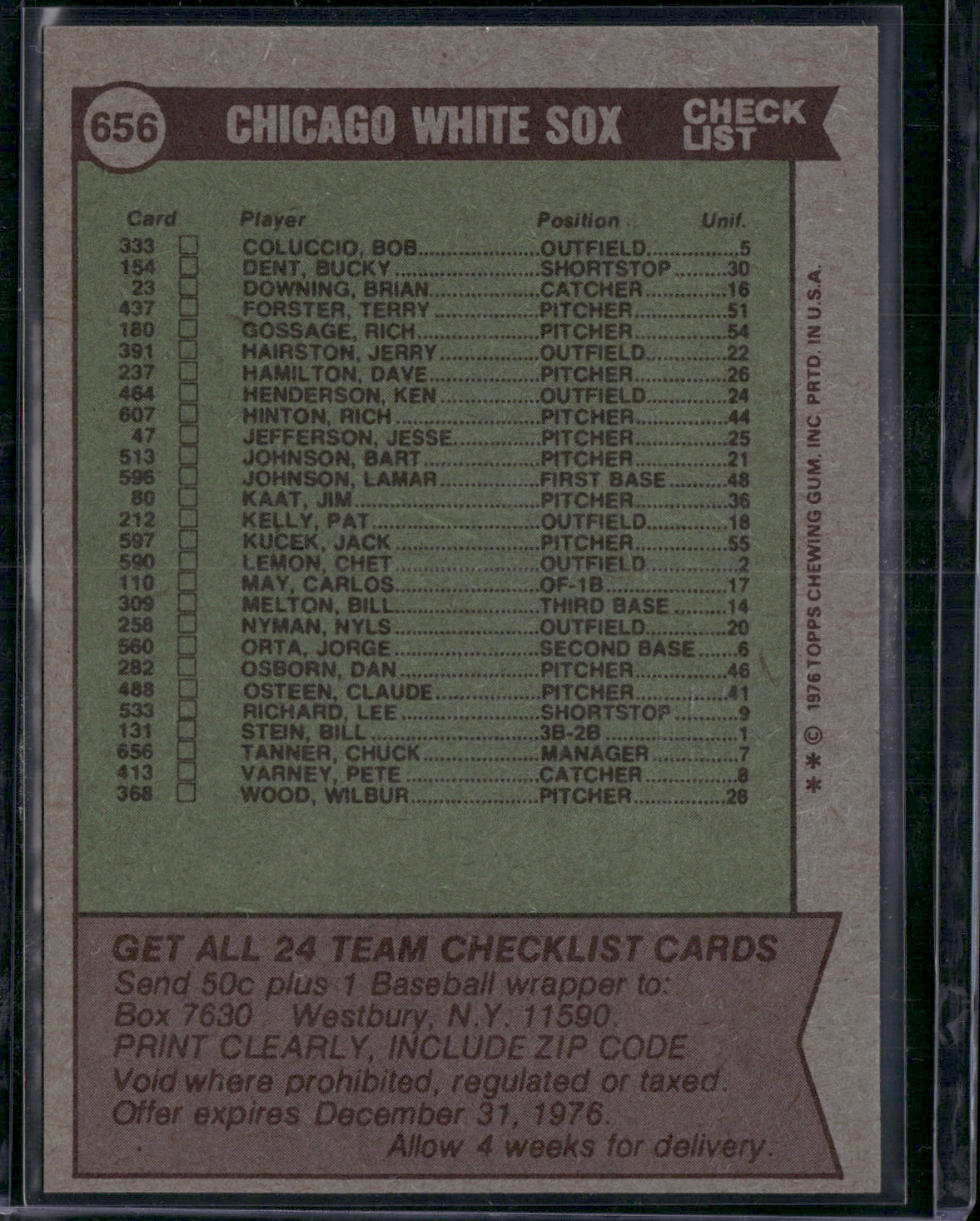 1976 Topps CHICAGO WHITE SOX #656 (EX-EX/MT)