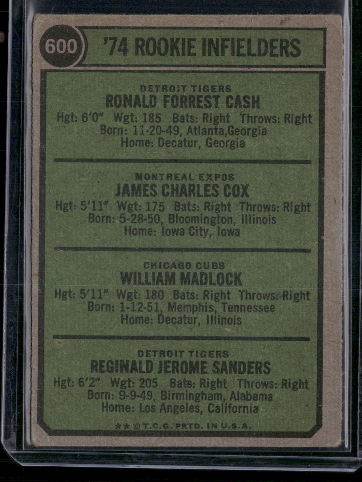 1974 Topps BILL MADLOCK/REGGIE SANDERS/CASH/COX #600 1974 Rookie Infielders (VG)