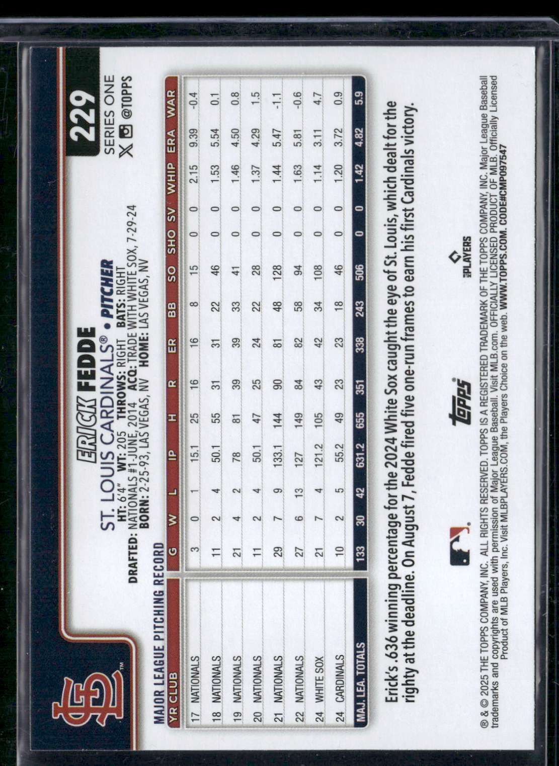 2025 Topps Series 1 ERICK FEDDE #229 Rainbow Foil