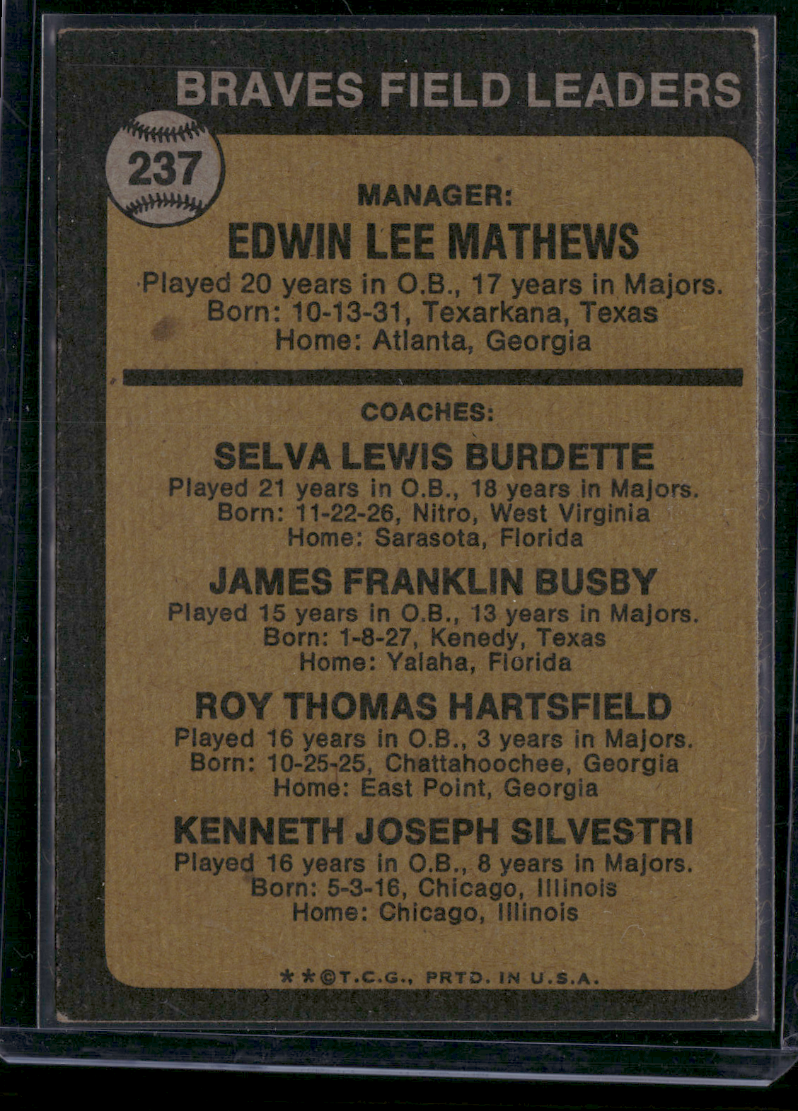 1973 Topps EDDIE MATHEWS #237 Print Snow (VG/EX)