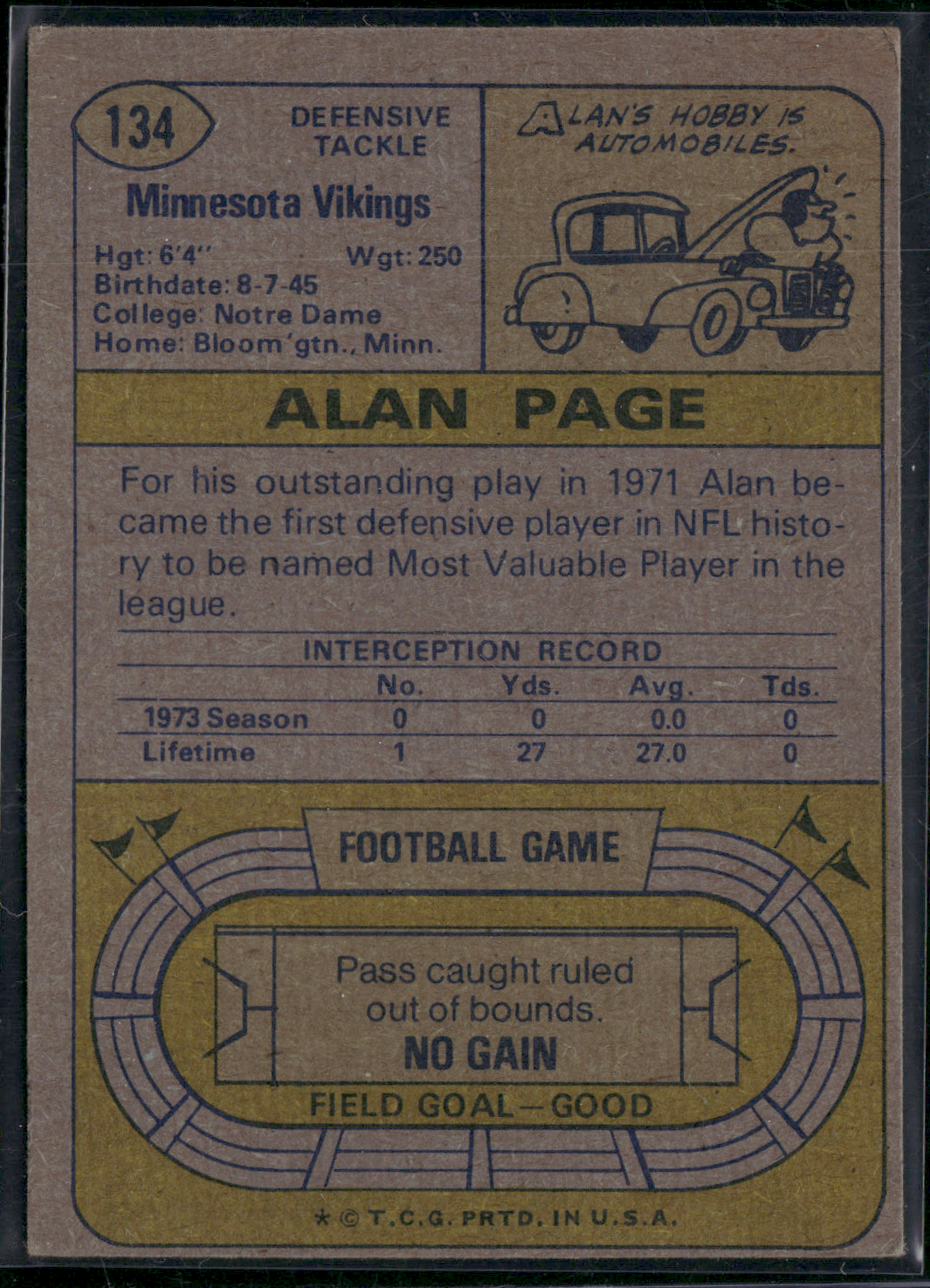 1974 Topps ALAN PAGE #134 All Pro (EX)