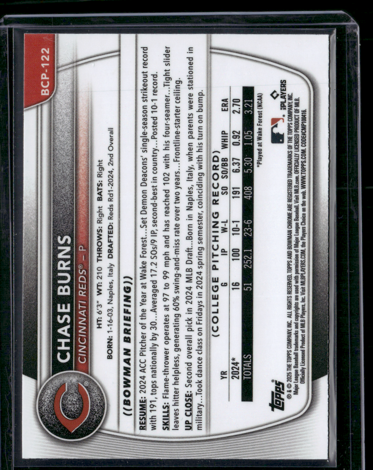2025 Bowman CHASE BURNS #BCP-122 Chrome