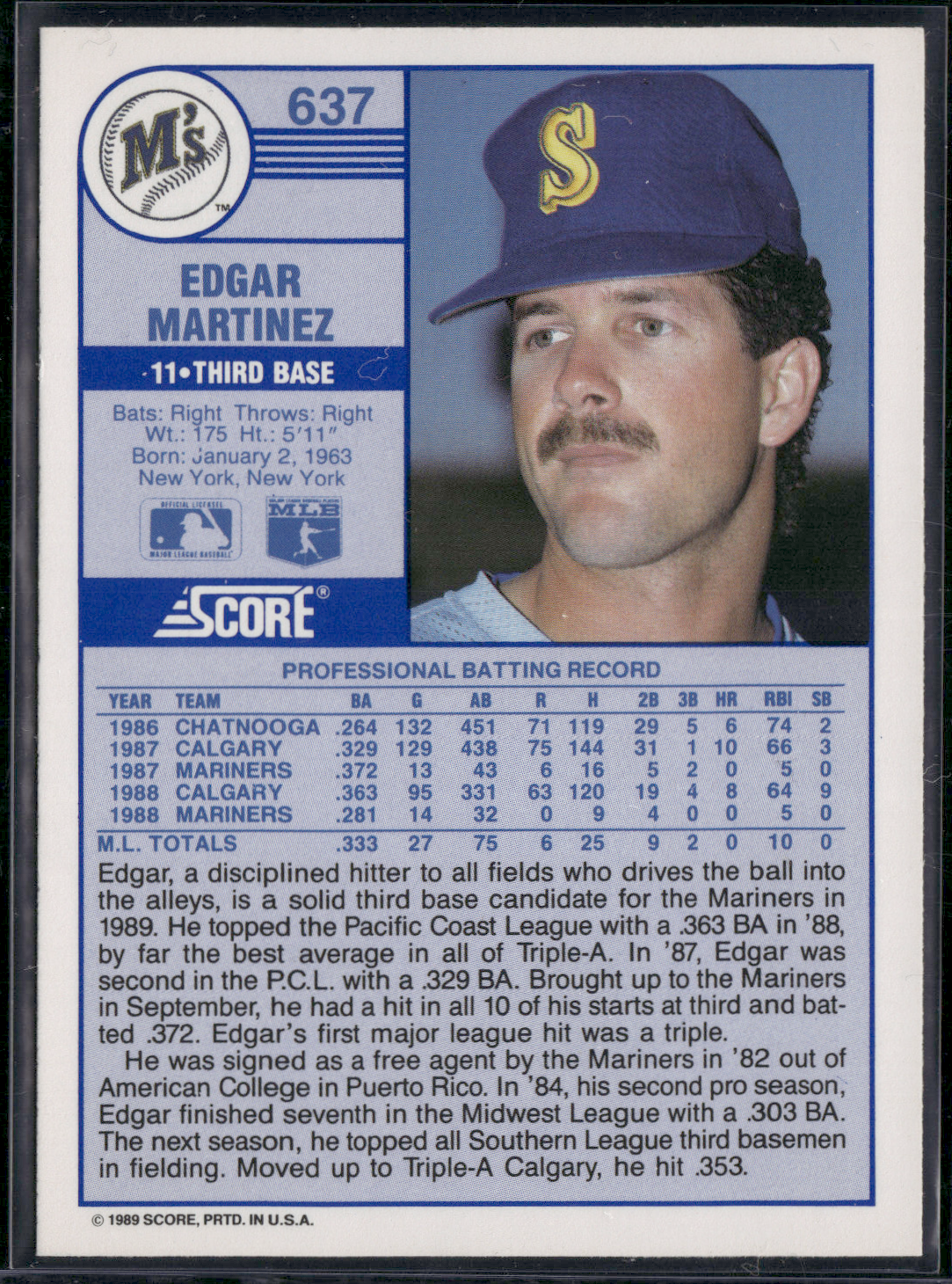 1989 Score EDGAR MARTINEZ #637 Rookie RC (NM)