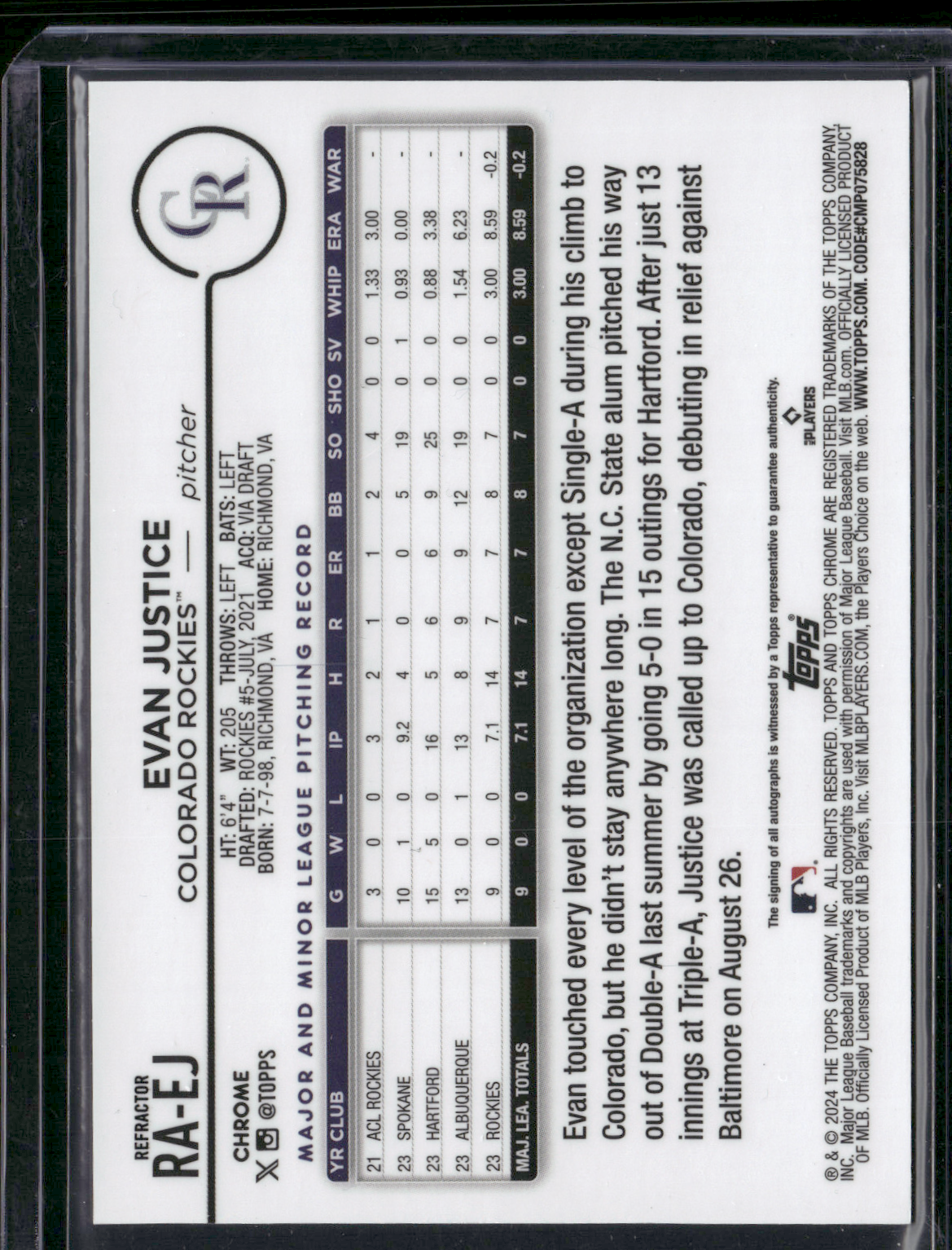 2024 Topps Chrome EVAN JUSTICE #RA-EJ Rainbow Auto Rookie RC 342/499 (NM)