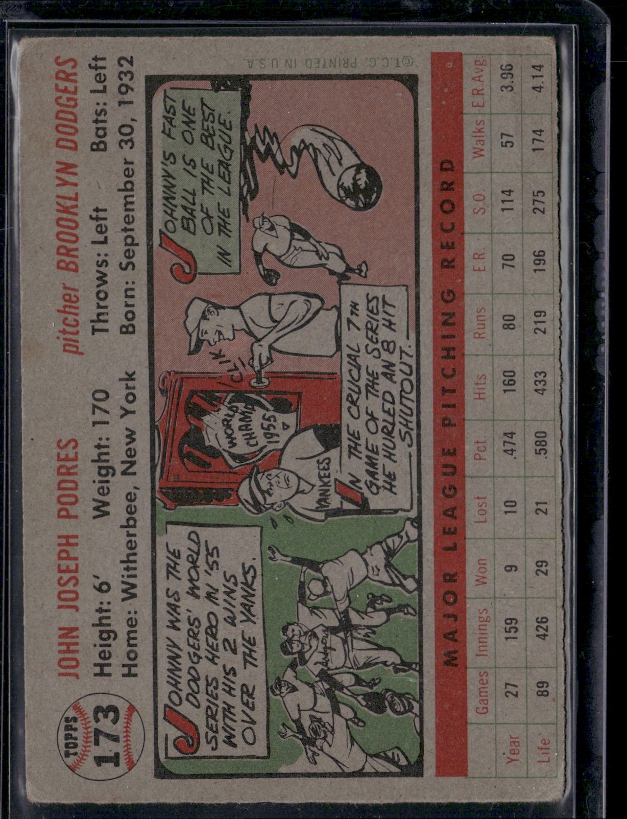 1956 Topps JOHNNY PODRES #173 Crease