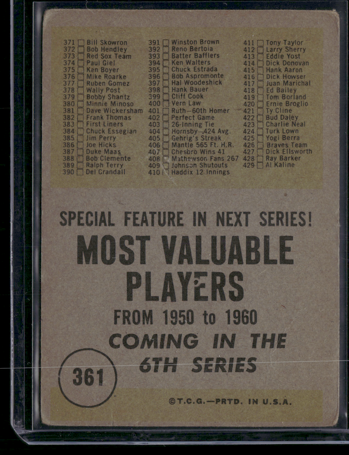 1961 Topps CHECK LIST #361 5th Series (VG)