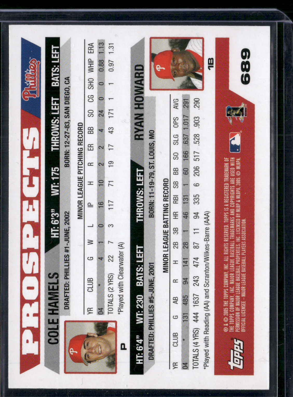 2005 Topps RYAN HOWARD/COLE HAMELS #689 Phillies Prospects (EX)