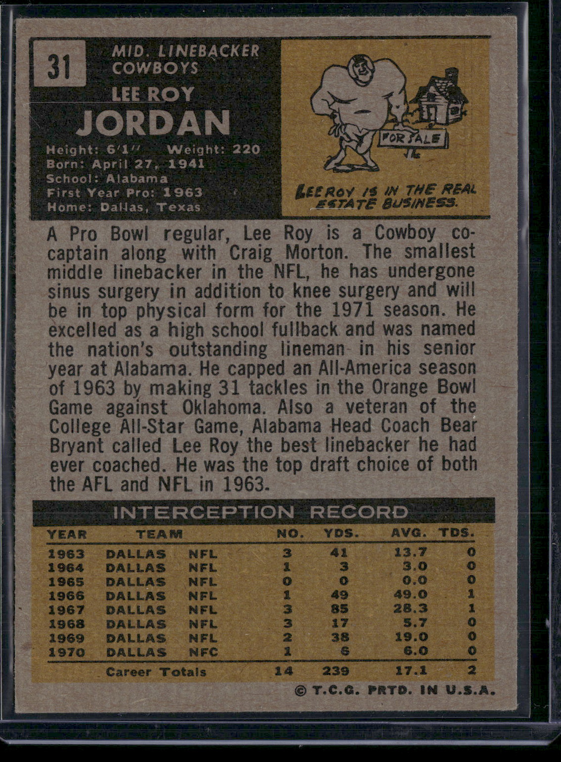 1971 Topps LEE ROY JORDAN #31 (EX)