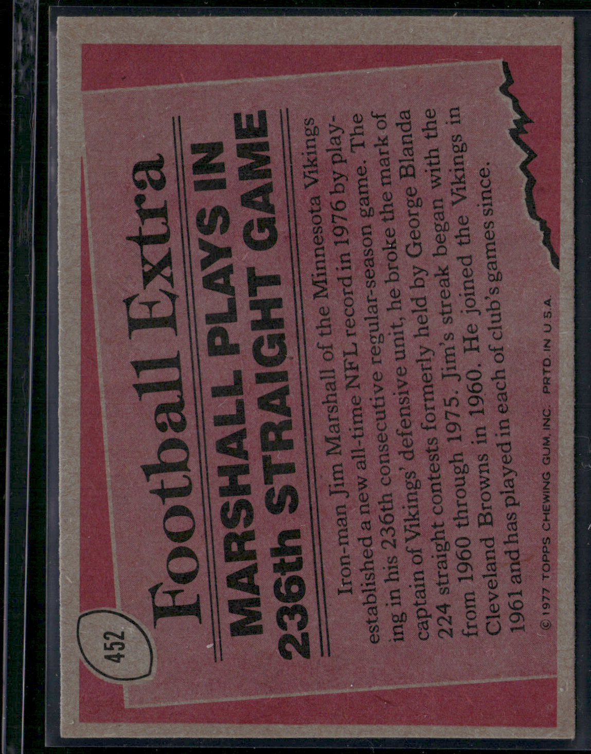 1977 Topps JIM MARSHALL #452 1977 Record Breaker (EX/MT)