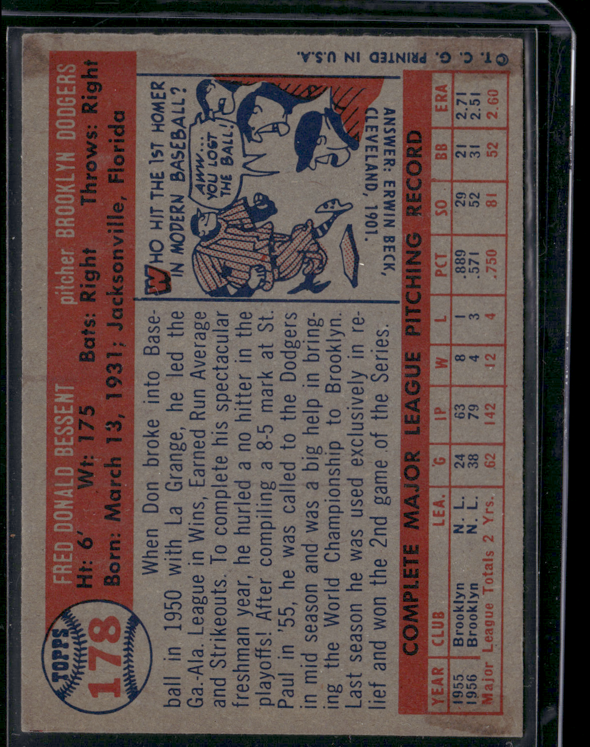 1957 Topps DON BESSENT #178 Staining on back