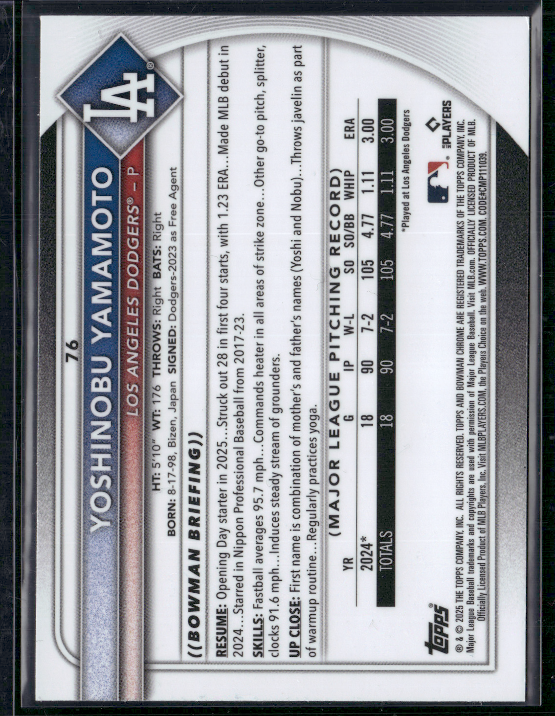 2025 Bowman Chrome YOSHINOBU YAMAMOTO #76 Mega