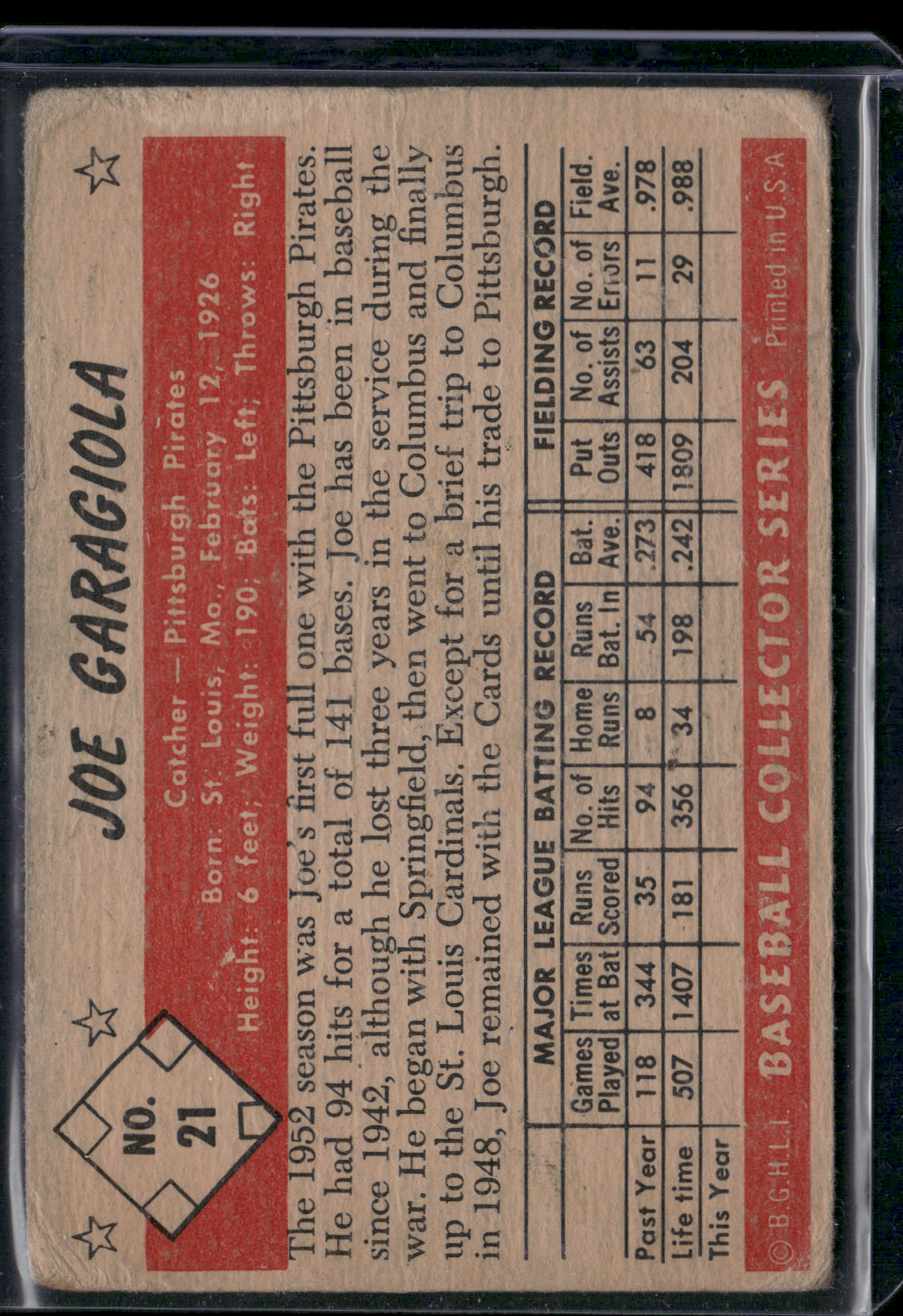 1953 Bowman JOE GARAGIOLA #21