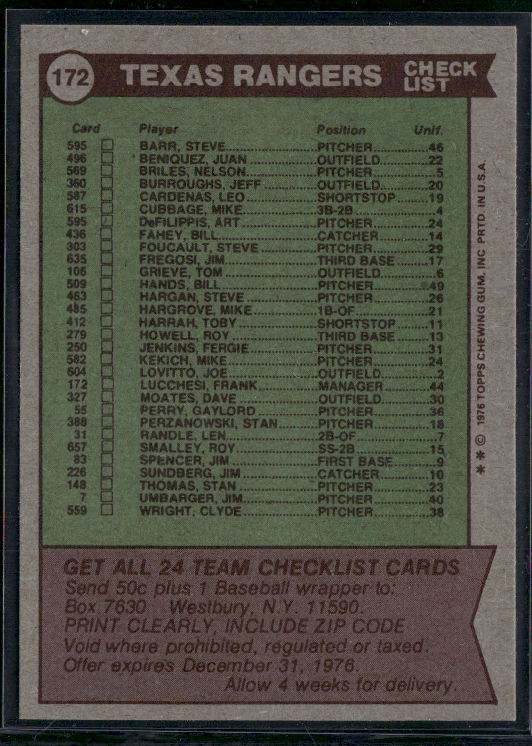 1976 Topps TEXAS RANGERS #172 (EX-EX/MT)