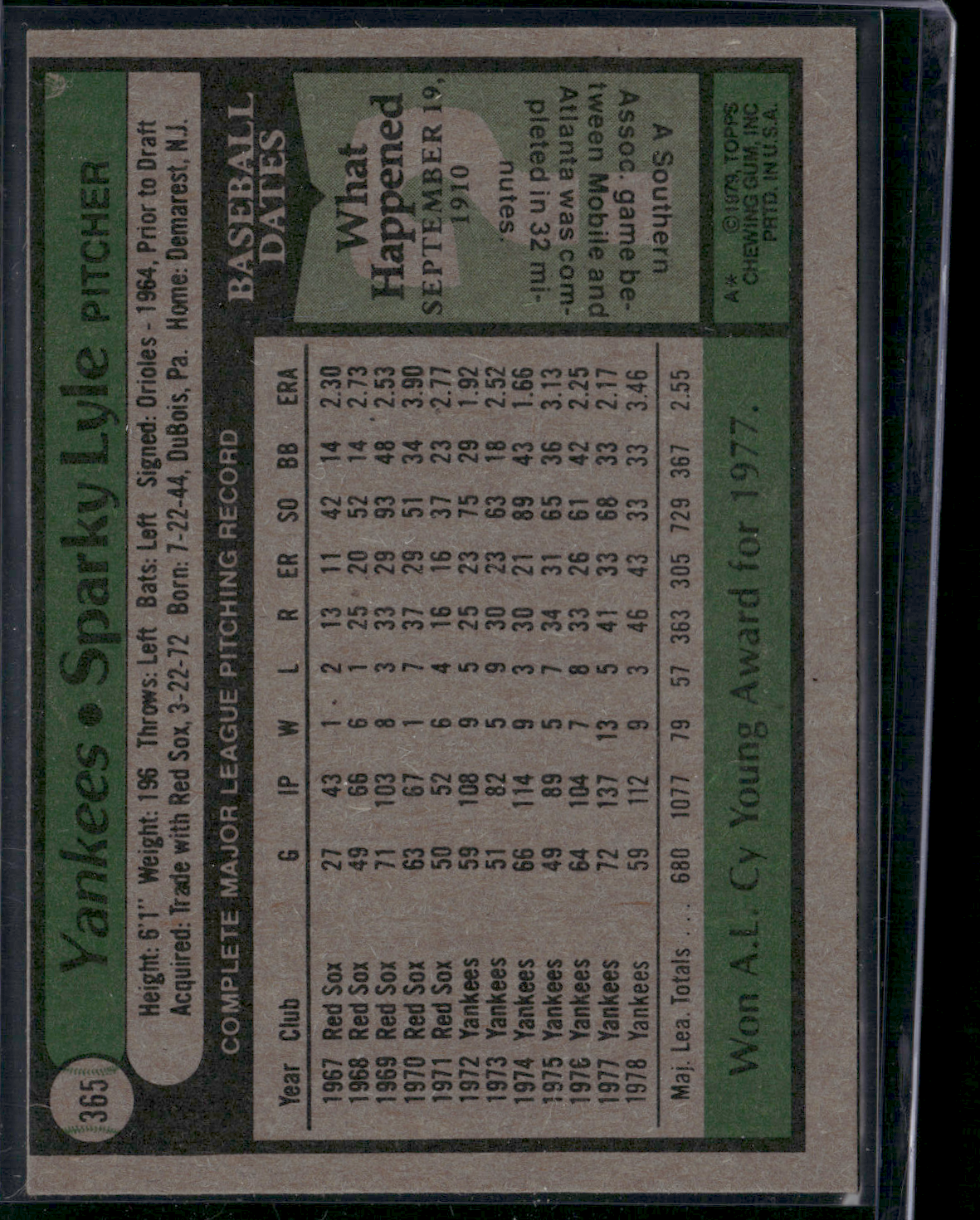 1979 Topps SPARKY LYLE #365 (EX)