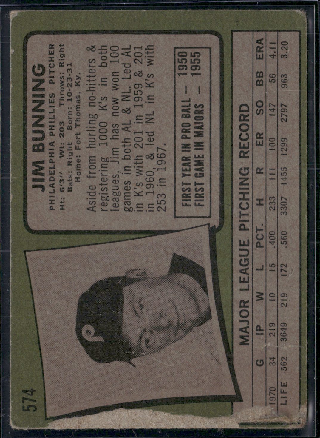 1971 Topps JIM BUNNING #574 Paper Loss (Fair)