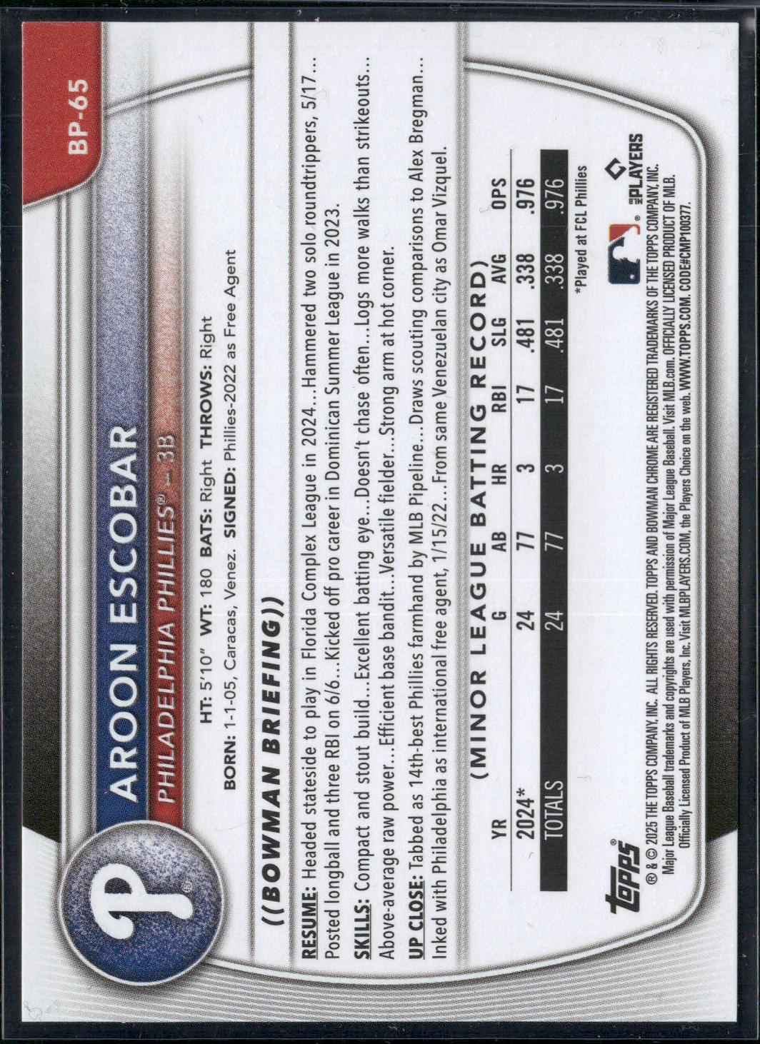 2025 Bowman AROON ESCOBAR #BP-65 1st Bowman