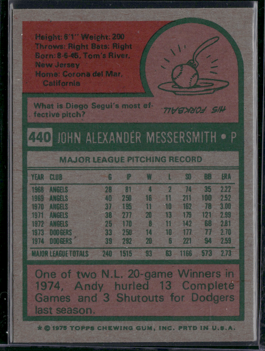 1975 Topps ANDY MESSERSMITH #440 (VG)