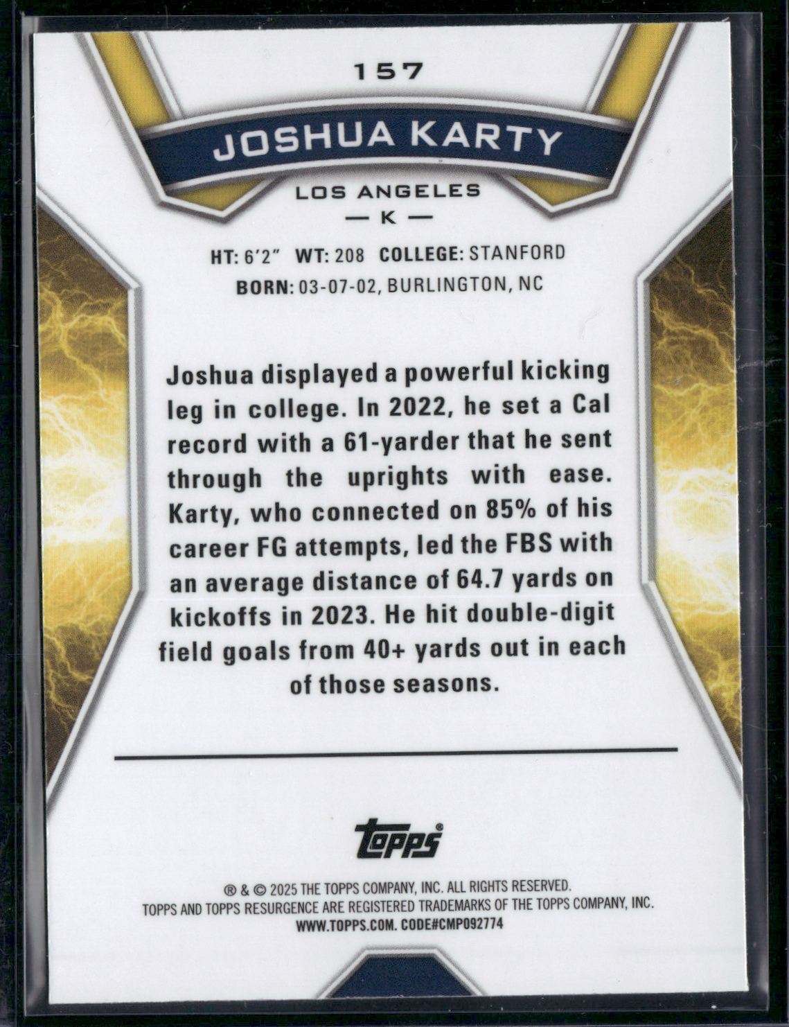 2024 Topps Resurgence JOSHUA KARTY #157 Rookie Card RC