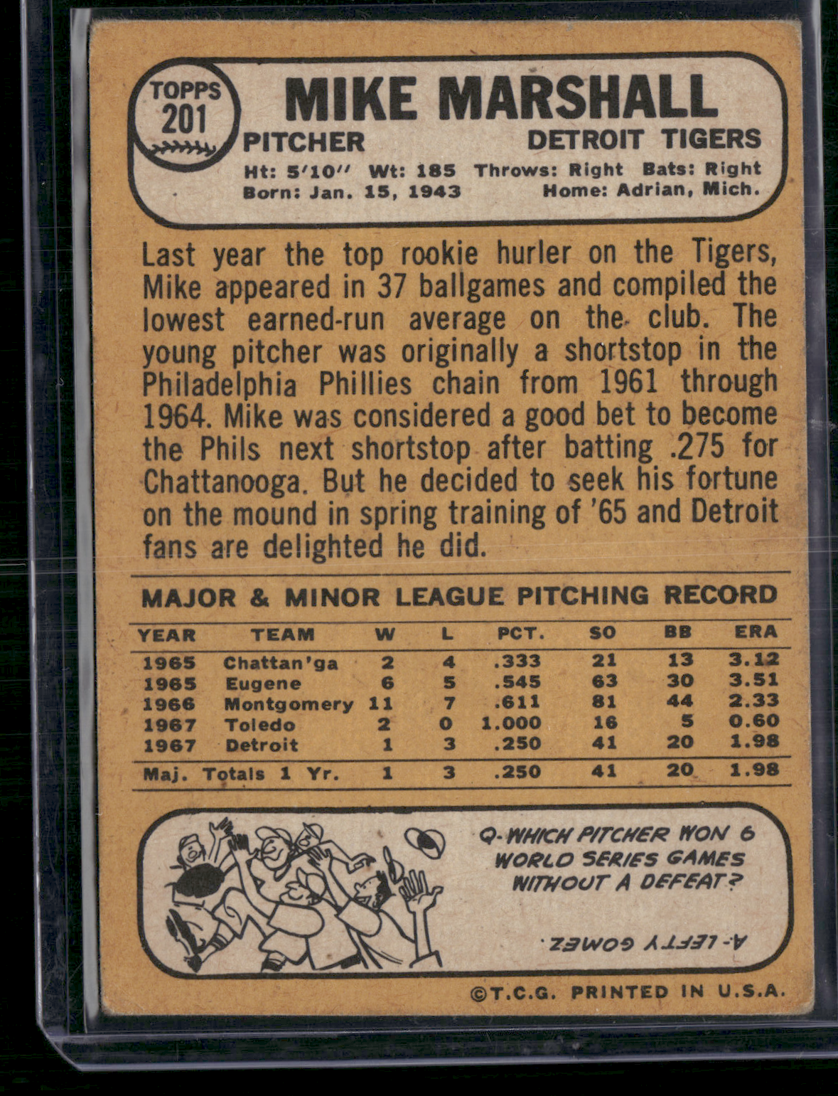 1968 Topps MIKE MARSHALL #201 Wax Stains (VG)