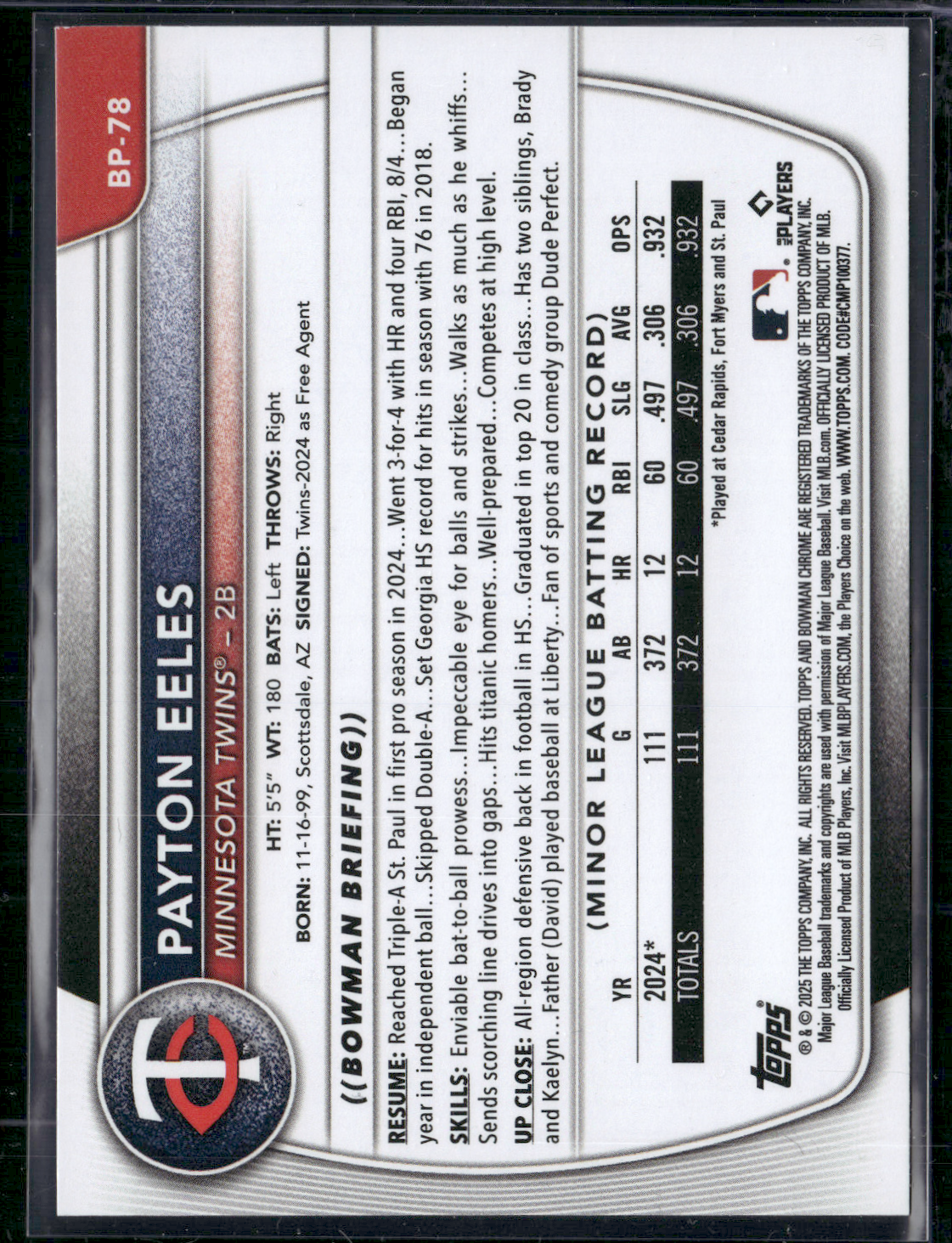 2025 Bowman PAYTON EELES #BP-78 1st Bowman