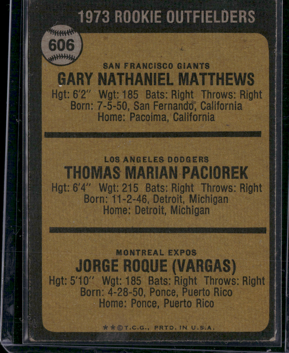1973 Topps GARY MATTHEWS/TOM PACIOREK/JORGE ROQUE #606 1973 ROOKIE OUTFIELDERS